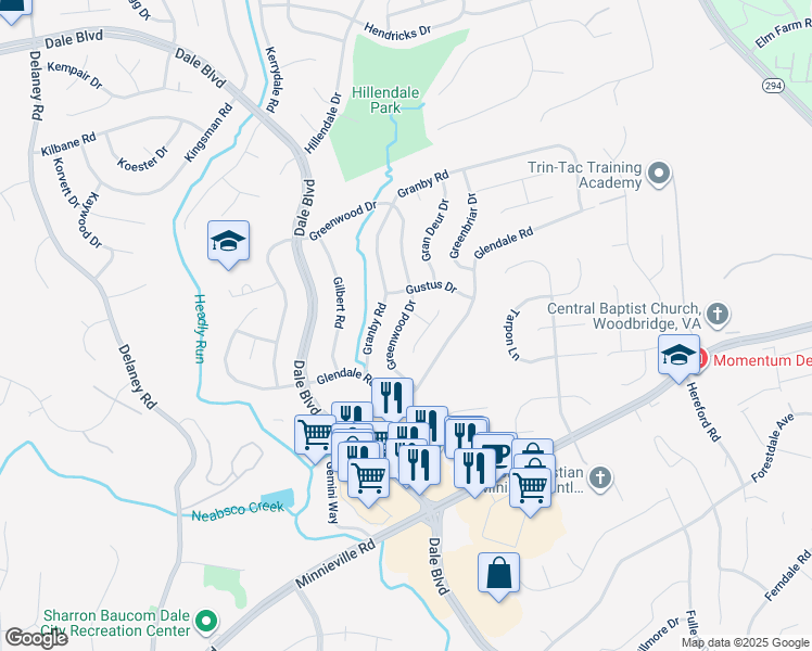 map of restaurants, bars, coffee shops, grocery stores, and more near 13809 Greenwood Drive in Woodbridge