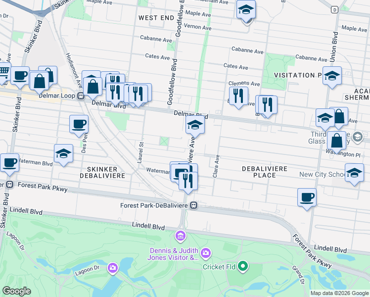 map of restaurants, bars, coffee shops, grocery stores, and more near 501-531 DeBaliviere Avenue in St. Louis