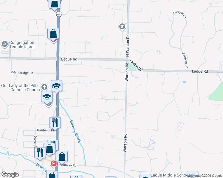 map of restaurants, bars, coffee shops, grocery stores, and more near 16 Clermont Lane in St. Louis