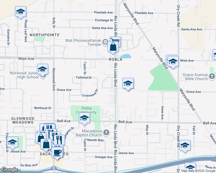 map of restaurants, bars, coffee shops, grocery stores, and more near 23 Oasis Court in Sacramento