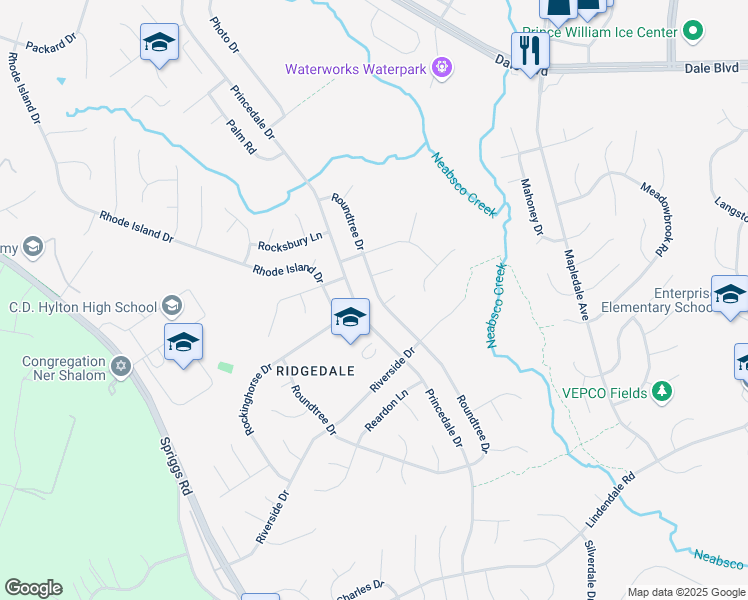 map of restaurants, bars, coffee shops, grocery stores, and more near 5685 Roundtree Drive in Woodbridge