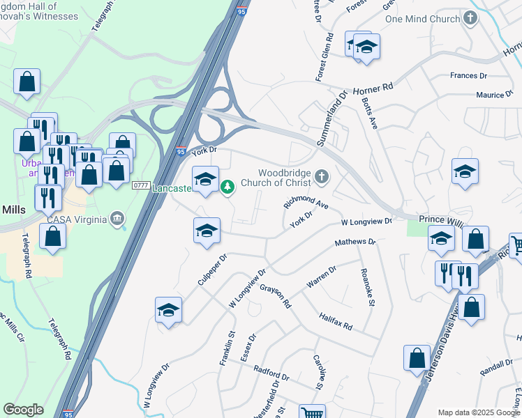 map of restaurants, bars, coffee shops, grocery stores, and more near 13925 Longwood Manor Court in Woodbridge