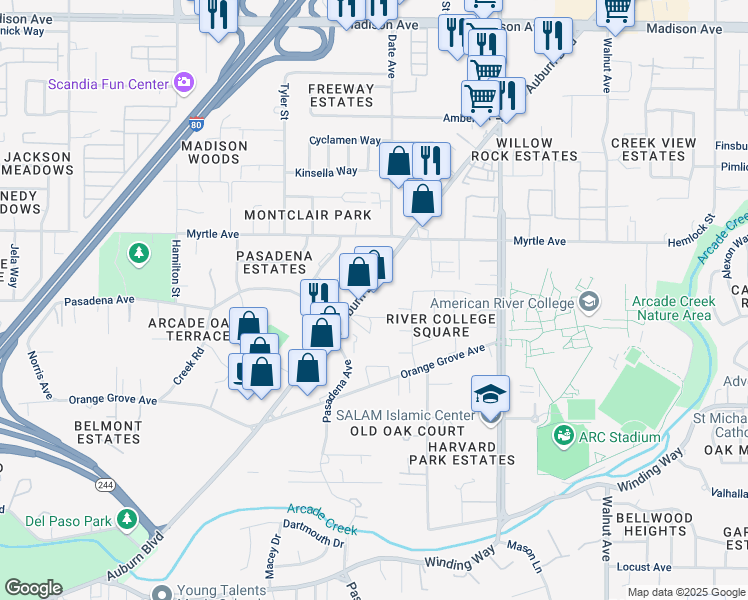 map of restaurants, bars, coffee shops, grocery stores, and more near 4622 Auburn Boulevard in Sacramento