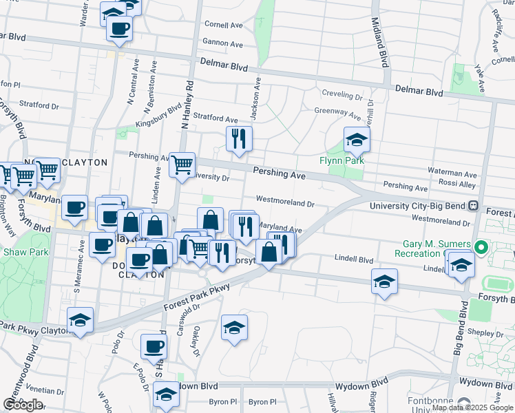 map of restaurants, bars, coffee shops, grocery stores, and more near 7380 Westmoreland Drive in University City