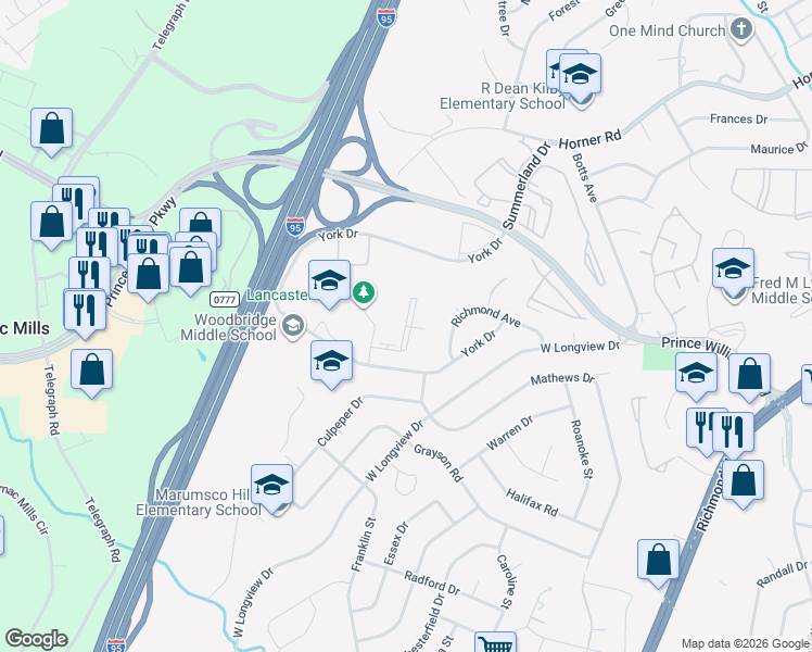 map of restaurants, bars, coffee shops, grocery stores, and more near Longwood Manor Court in Woodbridge