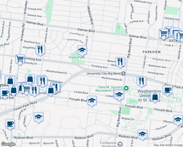 map of restaurants, bars, coffee shops, grocery stores, and more near 7161 Westmoreland Drive in University City