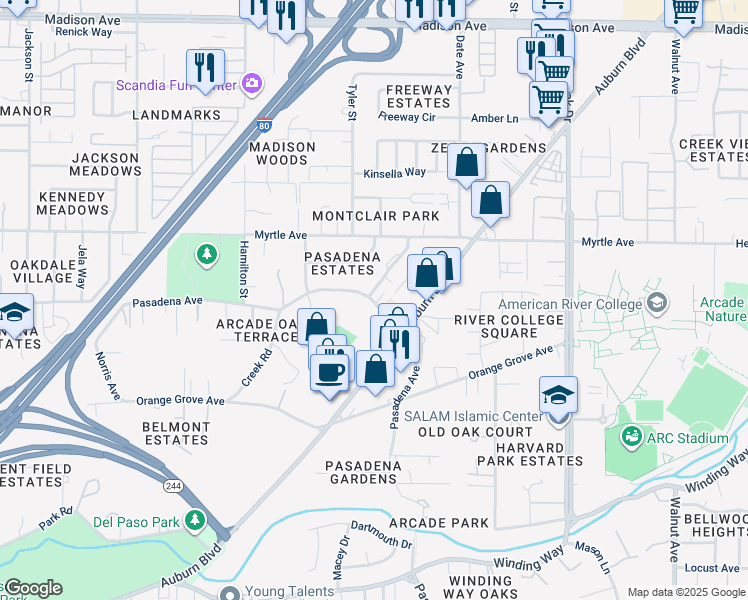 map of restaurants, bars, coffee shops, grocery stores, and more near in North Highlands