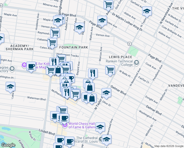 map of restaurants, bars, coffee shops, grocery stores, and more near 4628 Enright Avenue in St. Louis
