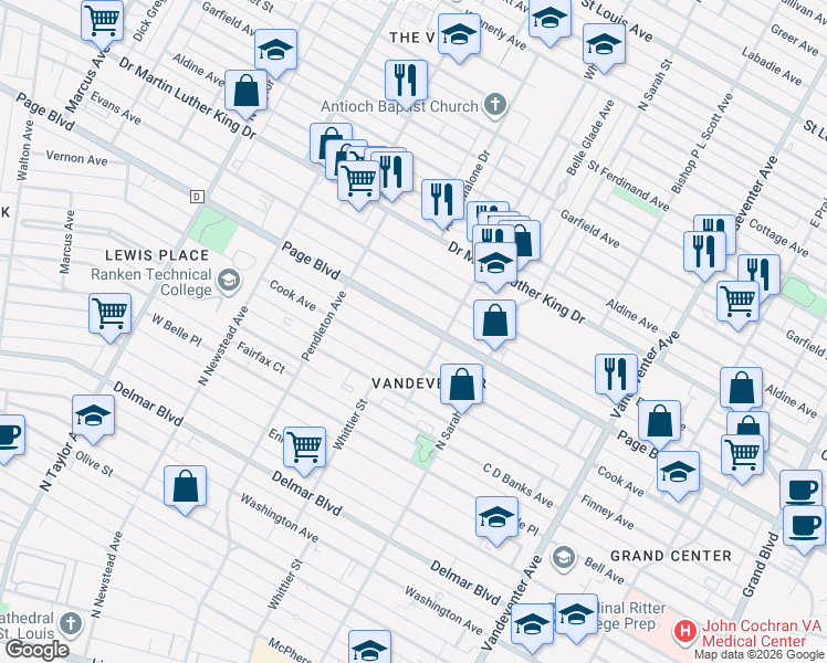 map of restaurants, bars, coffee shops, grocery stores, and more near 4230 East Page Boulevard in St. Louis