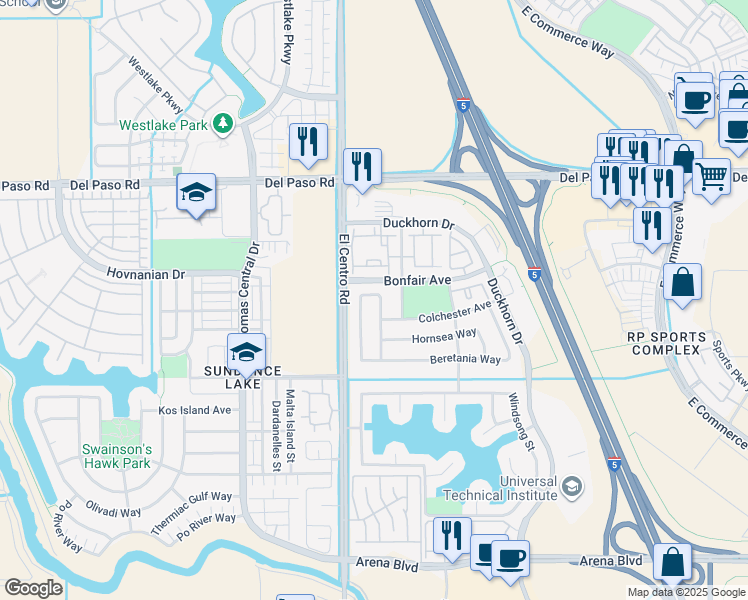 map of restaurants, bars, coffee shops, grocery stores, and more near 211 Aldeburgh Circle in Sacramento