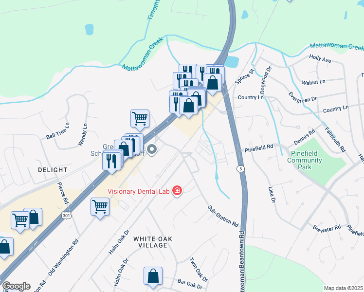 map of restaurants, bars, coffee shops, grocery stores, and more near 12380 Sub-Station Road in Waldorf