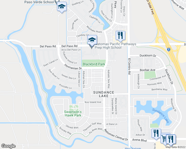 map of restaurants, bars, coffee shops, grocery stores, and more near 159 Alboran Sea Circle in Sacramento