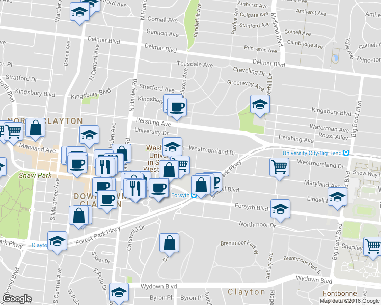 map of restaurants, bars, coffee shops, grocery stores, and more near 7380 Westmoreland Drive in University City