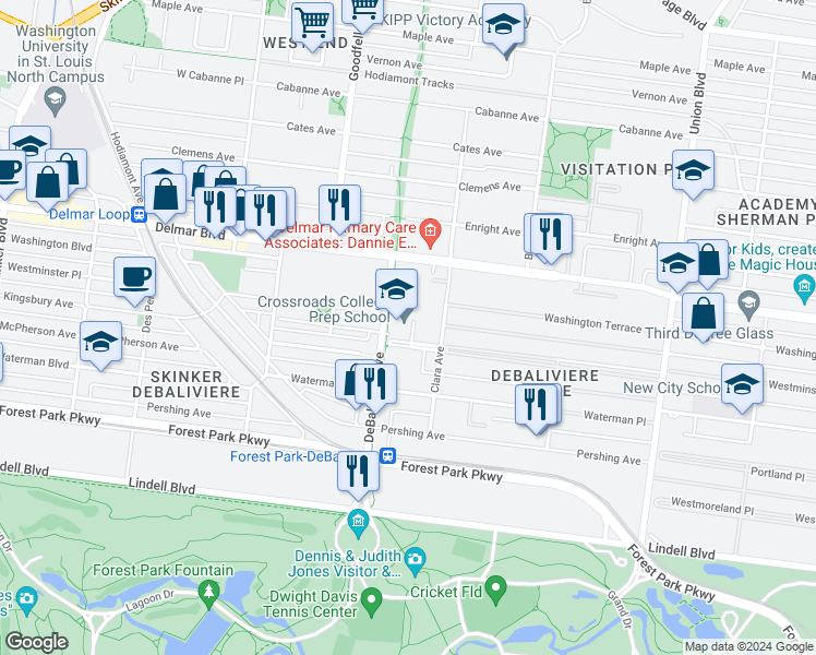 map of restaurants, bars, coffee shops, grocery stores, and more near 500 DeBaliviere Avenue in St. Louis