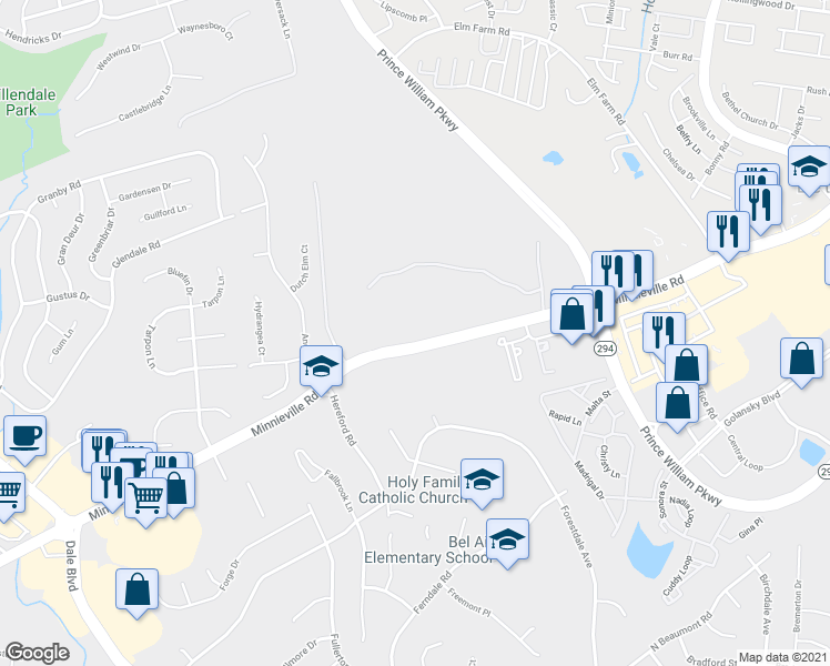 map of restaurants, bars, coffee shops, grocery stores, and more near 13904 Minnieville Rd in Woodbridge
