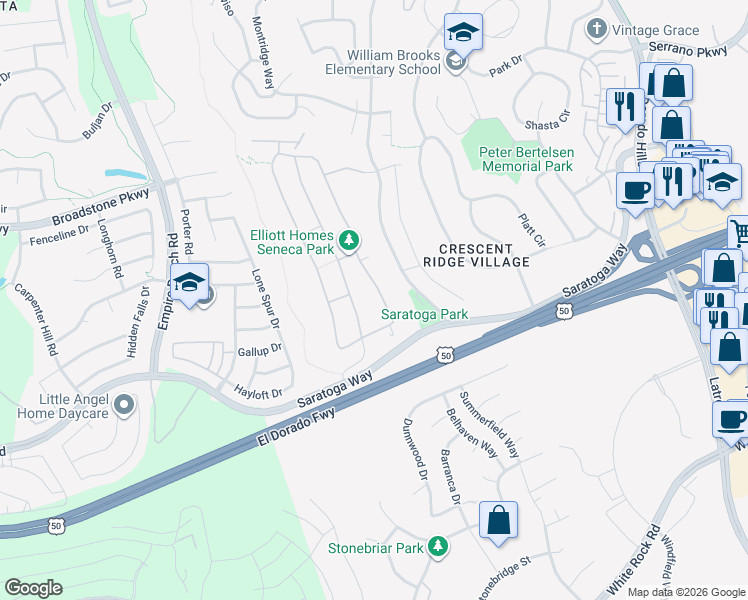 map of restaurants, bars, coffee shops, grocery stores, and more near 1245 Seneca Circle in El Dorado Hills