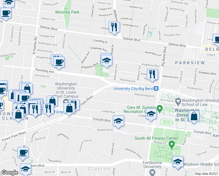map of restaurants, bars, coffee shops, grocery stores, and more near 7211 Westmoreland Drive in University City