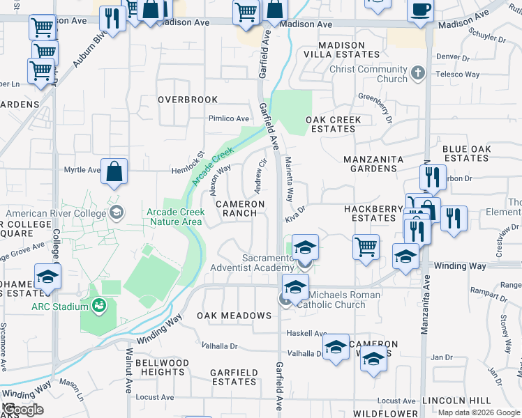 map of restaurants, bars, coffee shops, grocery stores, and more near 4772 Hixon Circle in Carmichael