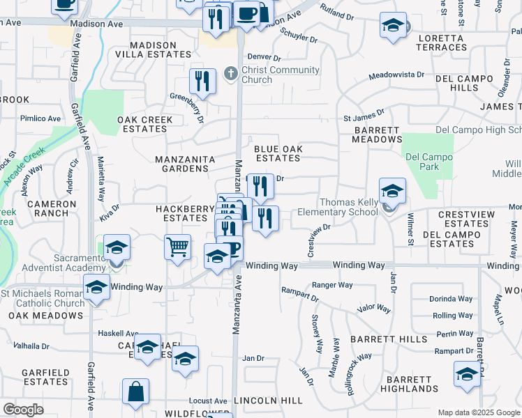 map of restaurants, bars, coffee shops, grocery stores, and more near 4780 Manzanita Avenue in Carmichael