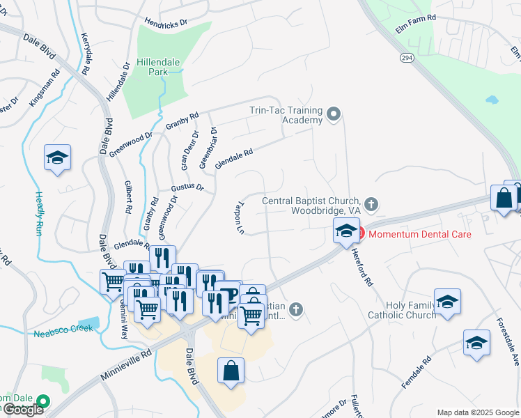 map of restaurants, bars, coffee shops, grocery stores, and more near 4100 Whiting Court in Woodbridge