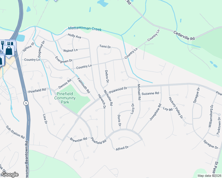 map of restaurants, bars, coffee shops, grocery stores, and more near 2703 Pinewood Drive in Waldorf