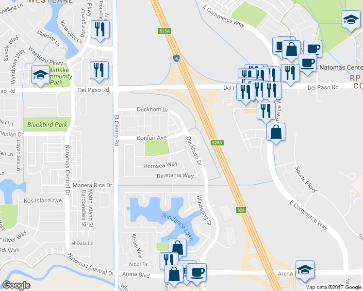 map of restaurants, bars, coffee shops, grocery stores, and more near 3331 Marrissey Lane in Sacramento