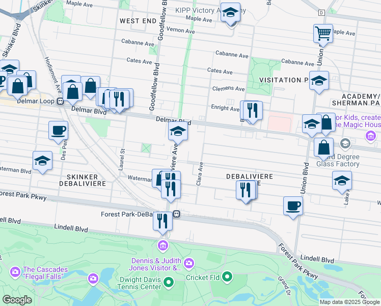 map of restaurants, bars, coffee shops, grocery stores, and more near 5655 Kingsbury Avenue in St. Louis