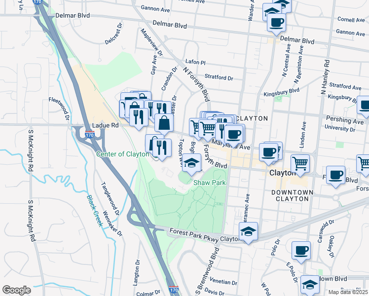 map of restaurants, bars, coffee shops, grocery stores, and more near 60 Brighton Way in Clayton