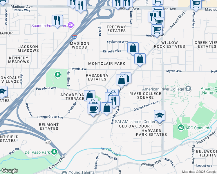 map of restaurants, bars, coffee shops, grocery stores, and more near 4938 Pasadena Avenue in Sacramento