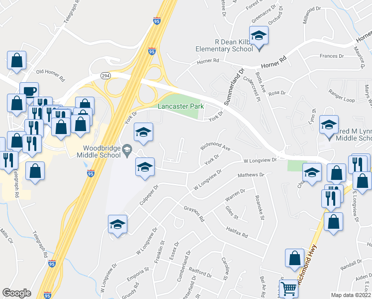 map of restaurants, bars, coffee shops, grocery stores, and more near 13925 Longwood Manor Court in Woodbridge