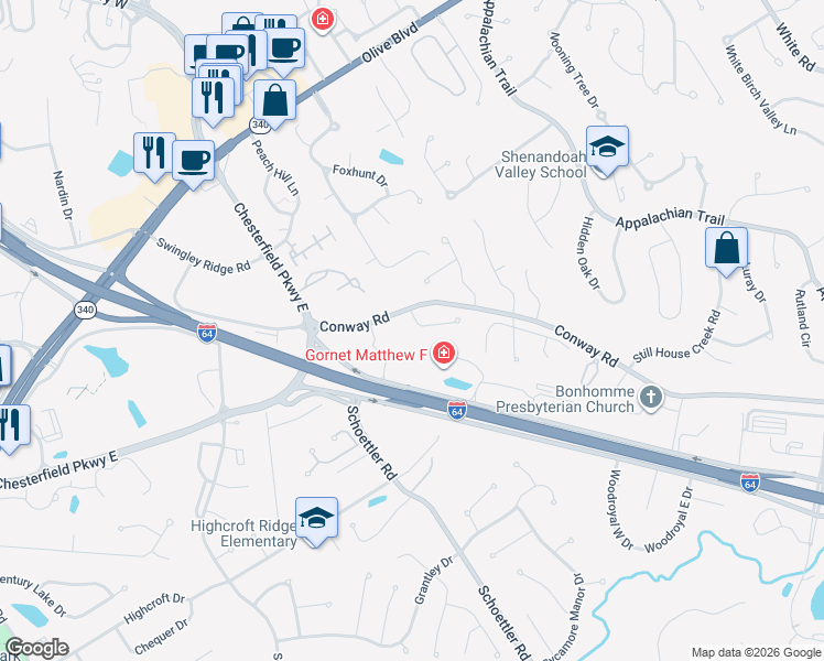 map of restaurants, bars, coffee shops, grocery stores, and more near 8 Old Belle Monte Road in Chesterfield