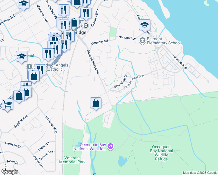 map of restaurants, bars, coffee shops, grocery stores, and more near 13994 Greendale Drive in Woodbridge