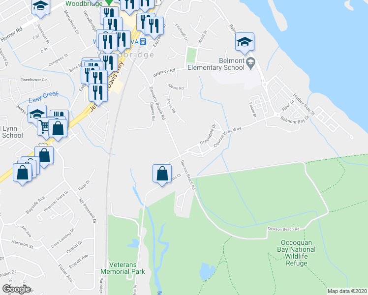 map of restaurants, bars, coffee shops, grocery stores, and more near 13994 Greendale Drive in Woodbridge