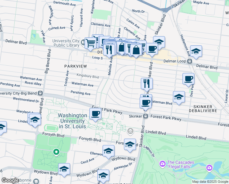 map of restaurants, bars, coffee shops, grocery stores, and more near 6351 Waterman Avenue in University City