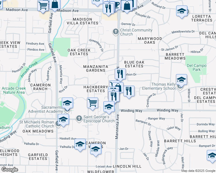 map of restaurants, bars, coffee shops, grocery stores, and more near 4789 Manzanita Avenue in Carmichael