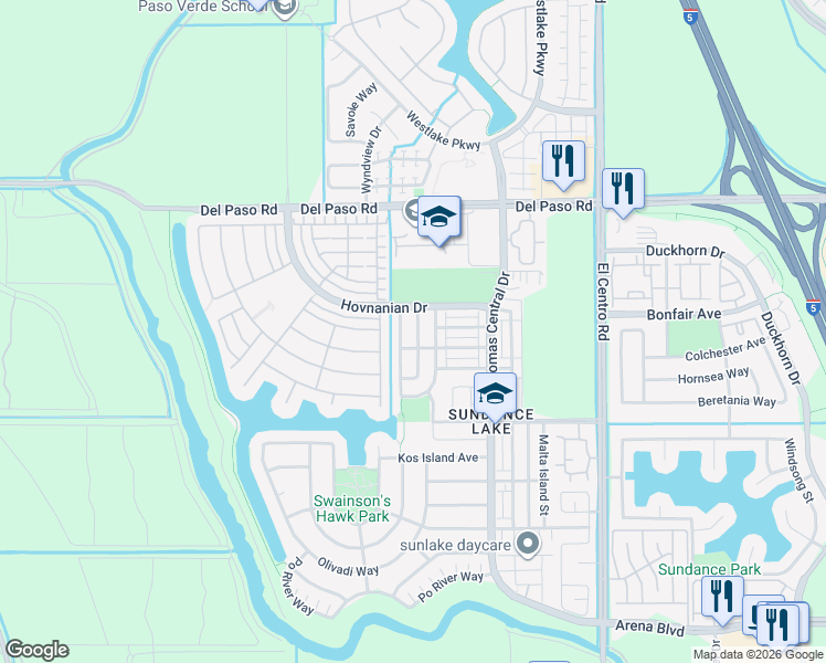 map of restaurants, bars, coffee shops, grocery stores, and more near 140 Alboran Sea Circle in Sacramento