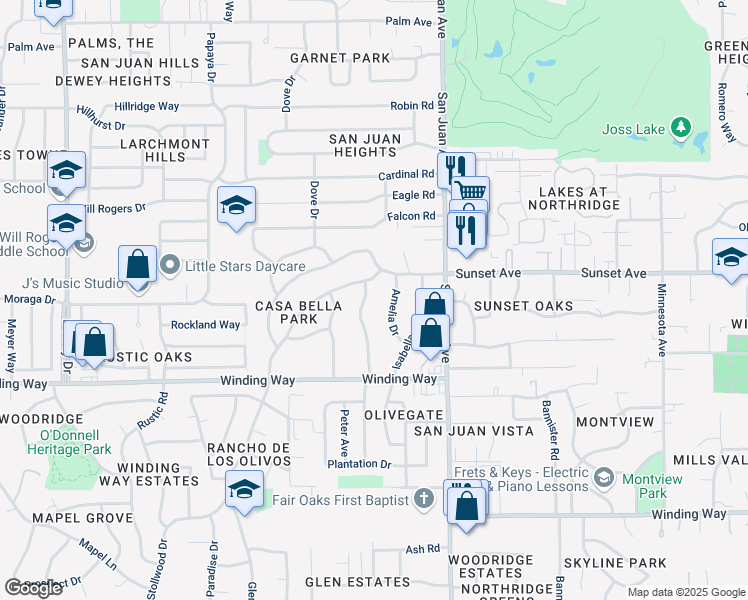 map of restaurants, bars, coffee shops, grocery stores, and more near 4753 Amelia Drive in Fair Oaks