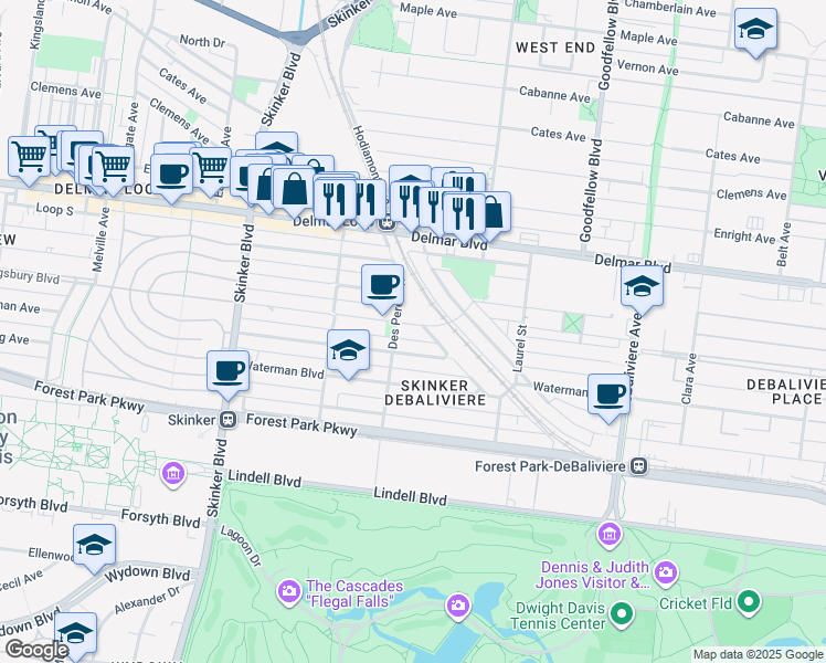 map of restaurants, bars, coffee shops, grocery stores, and more near 5946 Kingsbury Avenue in St. Louis