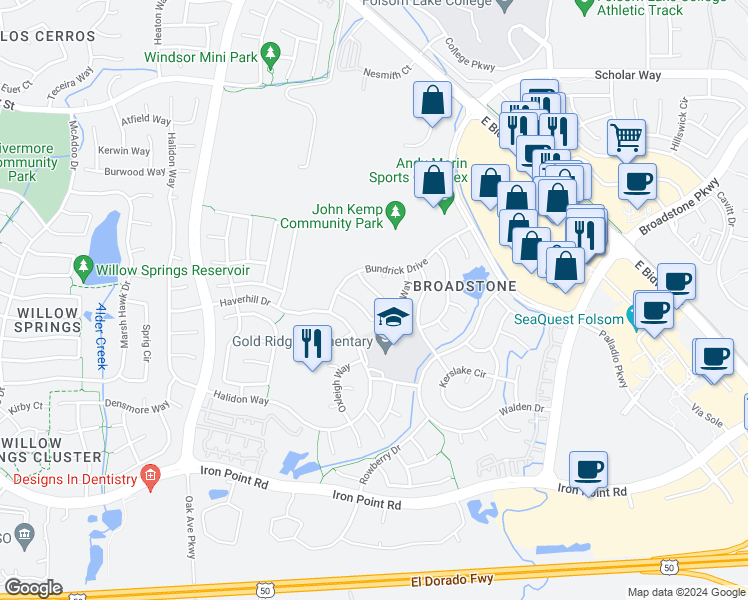 map of restaurants, bars, coffee shops, grocery stores, and more near 1321 Tippens Way in Folsom