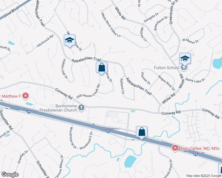 map of restaurants, bars, coffee shops, grocery stores, and more near 15261 Springrun Drive in Chesterfield