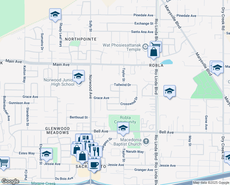 map of restaurants, bars, coffee shops, grocery stores, and more near 4645 Baywind Court in Sacramento