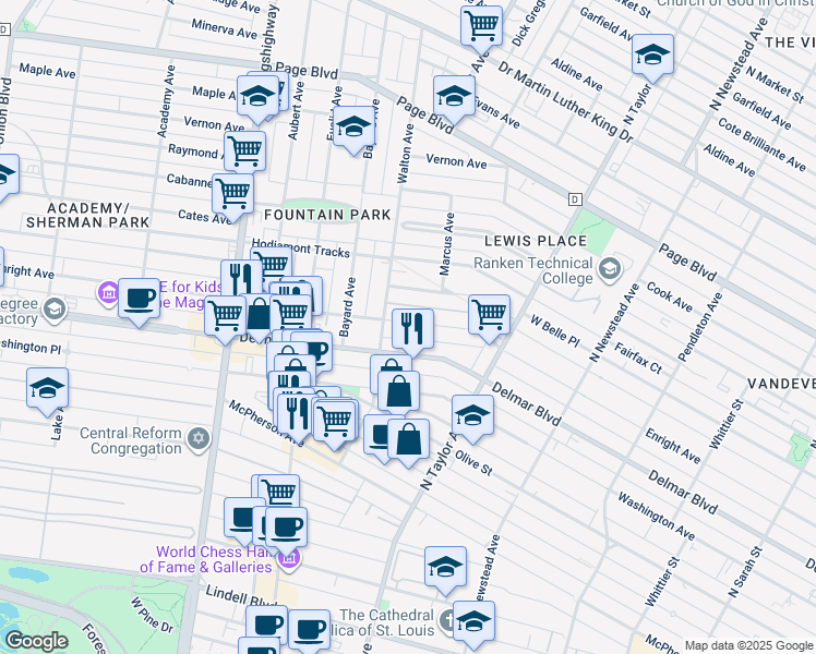 map of restaurants, bars, coffee shops, grocery stores, and more near 4628 Enright Avenue in St. Louis