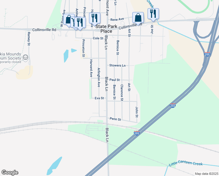 map of restaurants, bars, coffee shops, grocery stores, and more near 409 Bernice Street in Collinsville