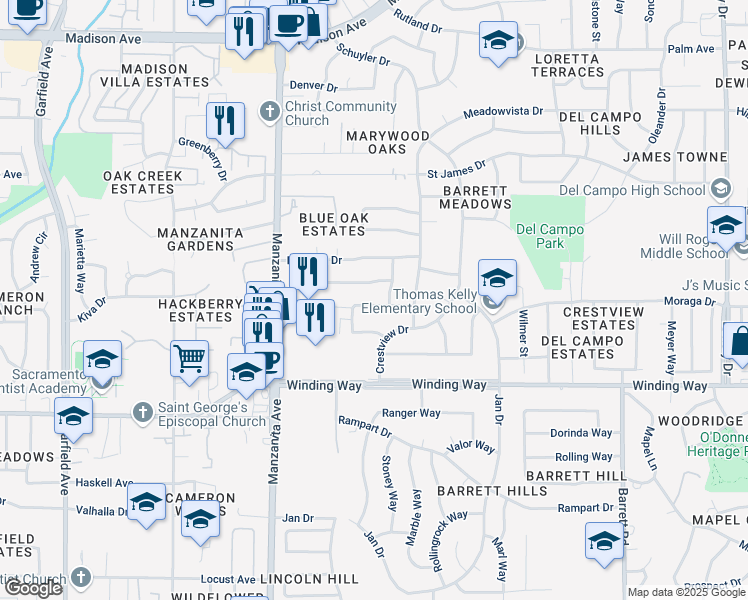 map of restaurants, bars, coffee shops, grocery stores, and more near 6053 Northcrest Circle in Carmichael