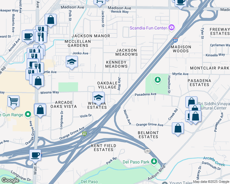 map of restaurants, bars, coffee shops, grocery stores, and more near 4804 Perina Way in North Highlands