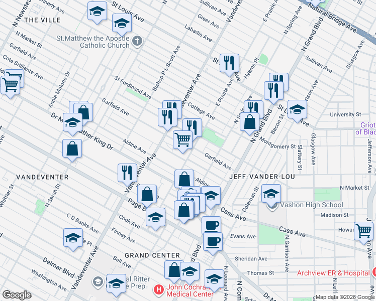 map of restaurants, bars, coffee shops, grocery stores, and more near 3800 Garfield Avenue in St. Louis