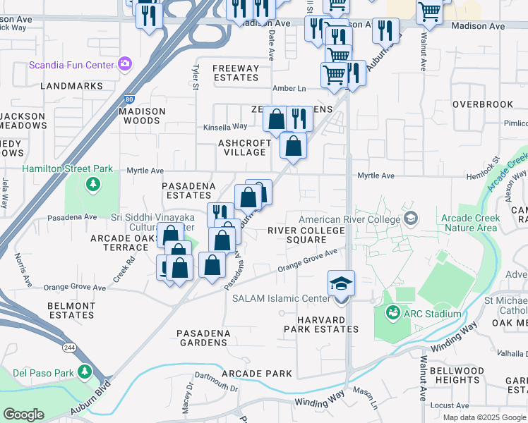map of restaurants, bars, coffee shops, grocery stores, and more near 4622 Auburn Boulevard in Sacramento