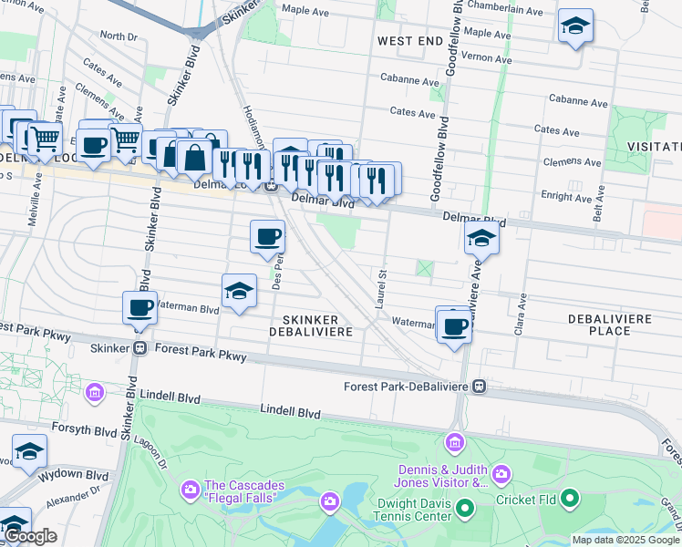 map of restaurants, bars, coffee shops, grocery stores, and more near 5864 De Giverville Avenue in St. Louis