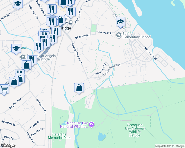 map of restaurants, bars, coffee shops, grocery stores, and more near 13976 Greendale Drive in Woodbridge