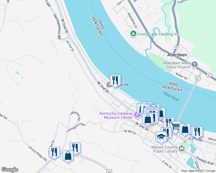 map of restaurants, bars, coffee shops, grocery stores, and more near 320 Rosemary Clooney Street in Maysville